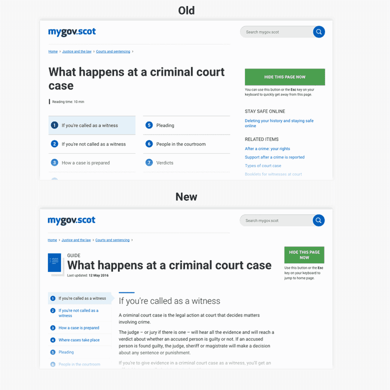 Comparison screenshots of the mygov.scot guide pages before and after improvements