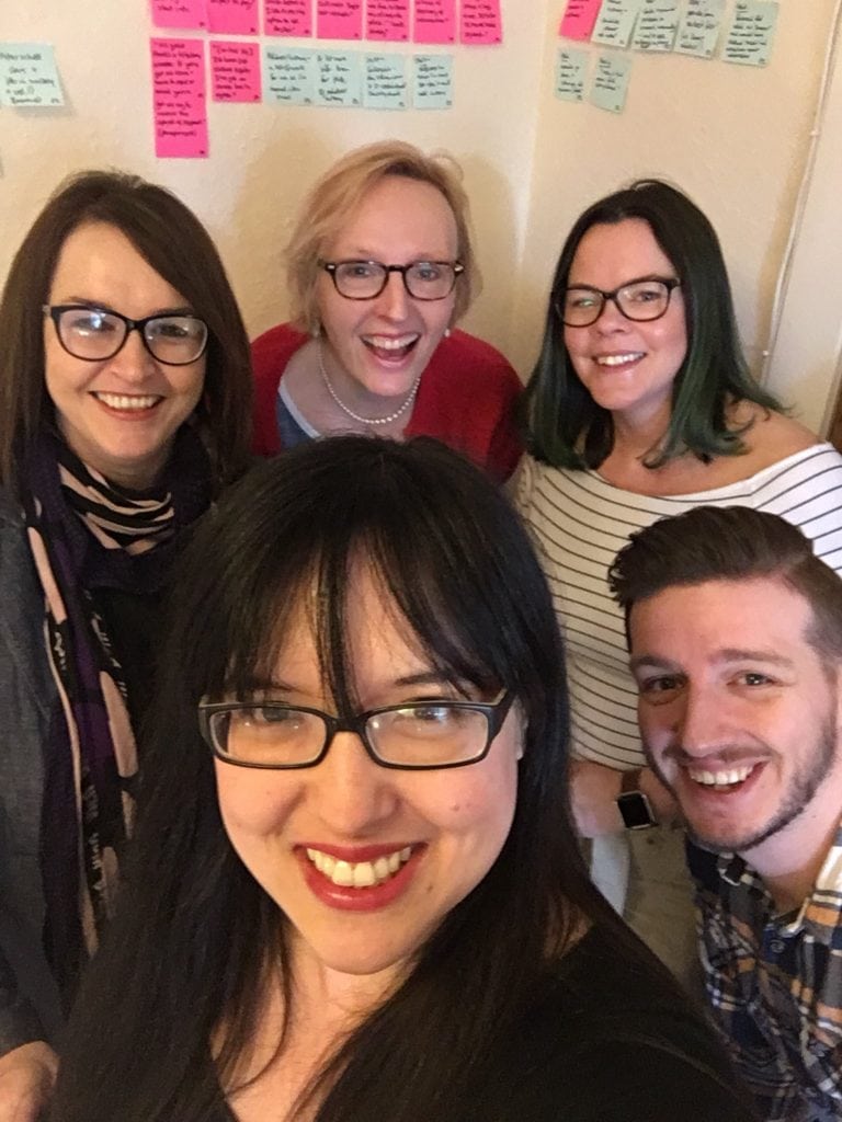 Group shot of: Jane Reid (Lead User Researcher), Frances Maxwell (Service Designer), Anne Walker (Senior Content Designer), Heather Fawbert (User Researcher) and Phil Murray (Subject Matter Expert).
