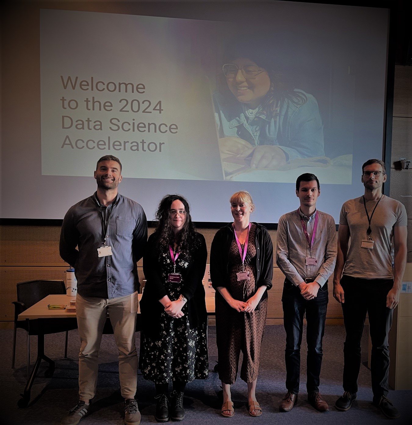 Pictured left to right - Five of the 2024 Data Science Accelerator participants - Sam Henderson-Palmer, Laura Naismith, Annie Bosse, Scott Mclaren-Gow and Spencer Thomson.