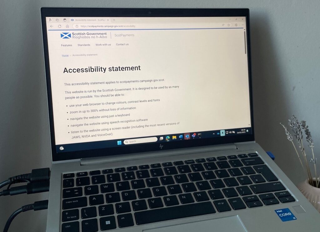 Photo of ScotPayments accessibility statement on laptop screen.