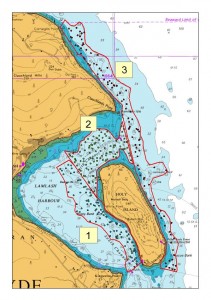 A map of the three survey areas in and around Lamlash Bay: 1) western area of Lamlash Bay 2) no take zone 3) outside reference area.  Four quadrat images are to be taken at each station (n=30).