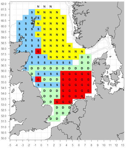 Figure 2: Proposed areas Denmark, Scotland, Germany, and Norway should focus their additional tows. Scotland areas in blue and with the letter S