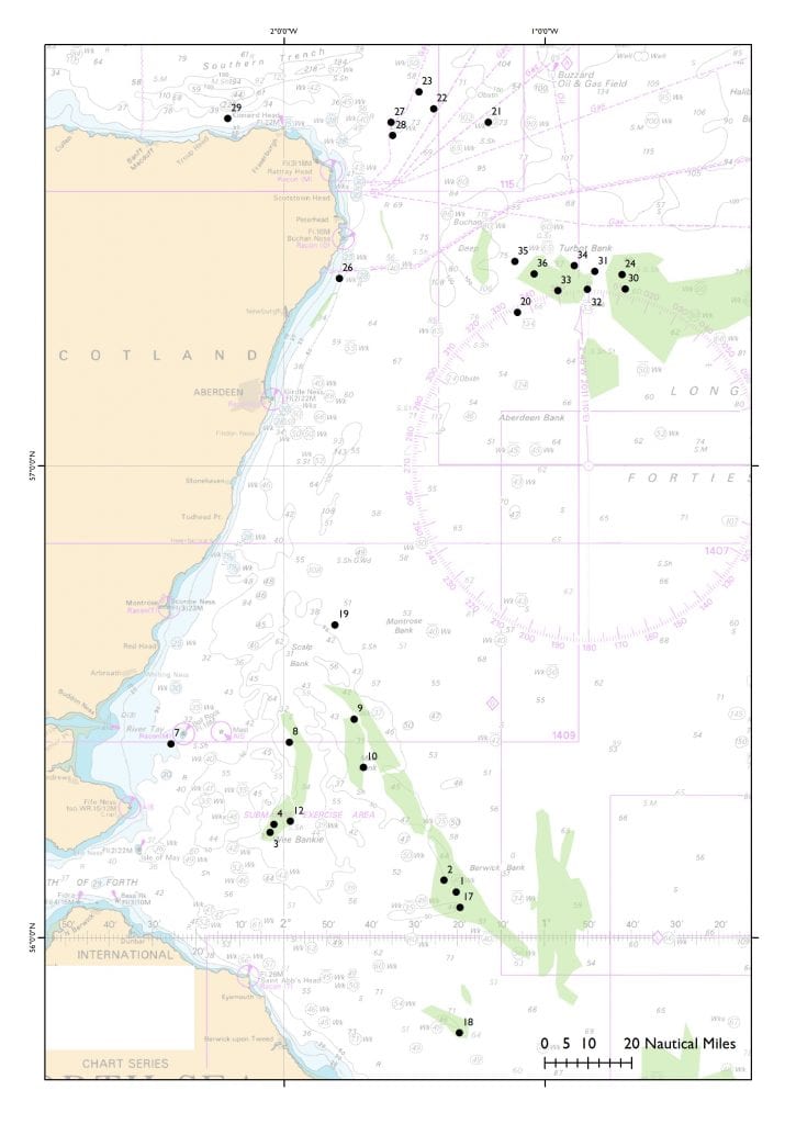2018A Figure 2 Chart of dredge stations to be sampled in 2018A. Areas historically fished for sandeel are shown in green.