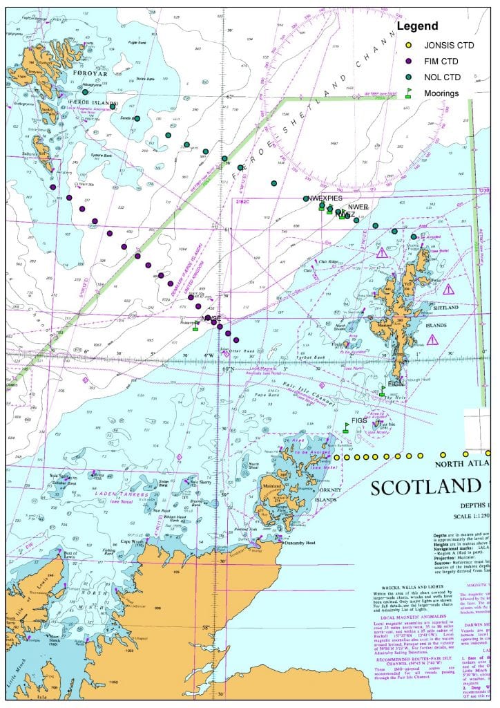 Chart showing key activities on 1519S (moorings shown with green flags)