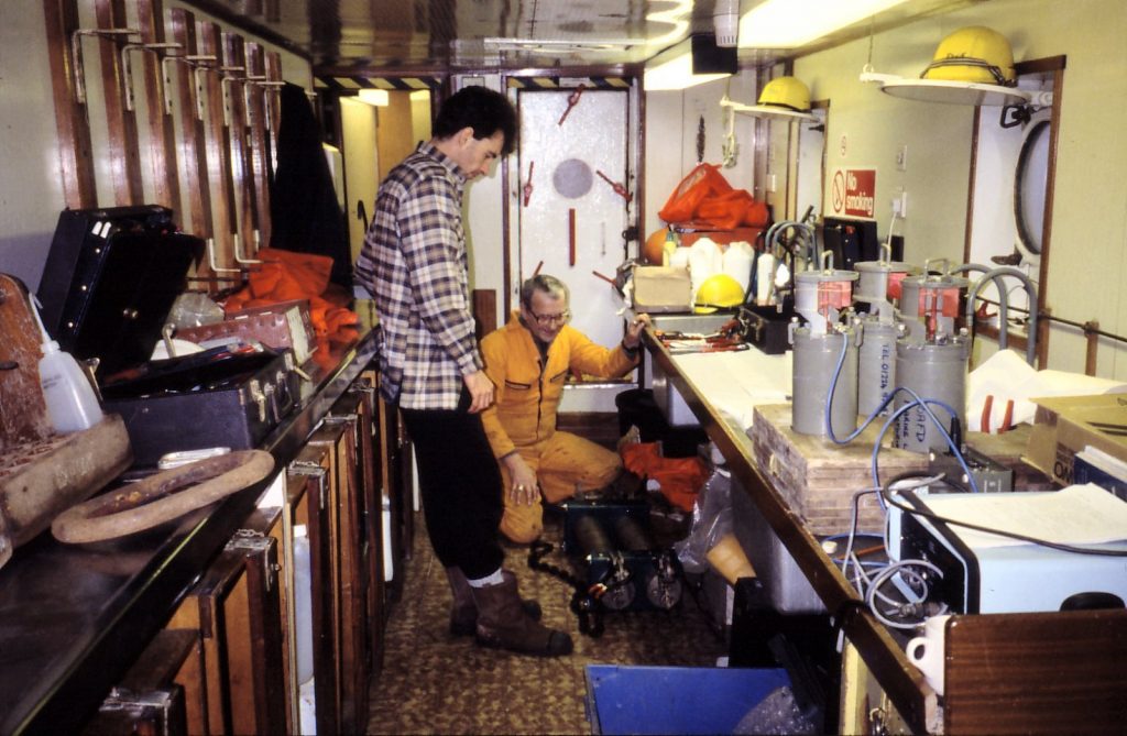 Preparing acoustic releases in hydro lab onboard Scotia