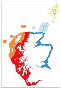 Map of Scotland highlighting the website areas in various colours