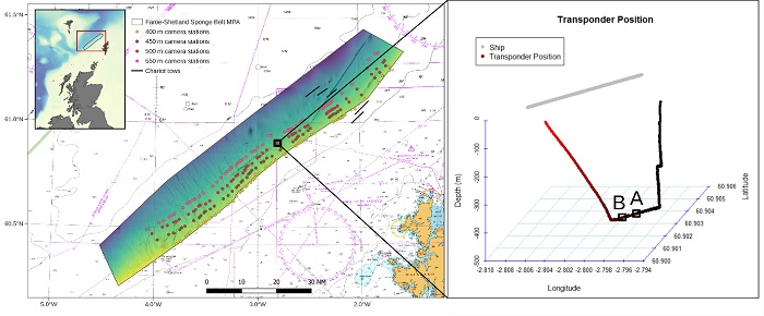 Figure 2 Left panel: Map showing the location of the Faroe-Shetland Sponge Belt MPA and survey sampling stations, with drop frame camera station T20_D500 highlighted. Right panel: USBL transponder profile showing the in-water position of the drop frame camera system and the position where two still images were taken