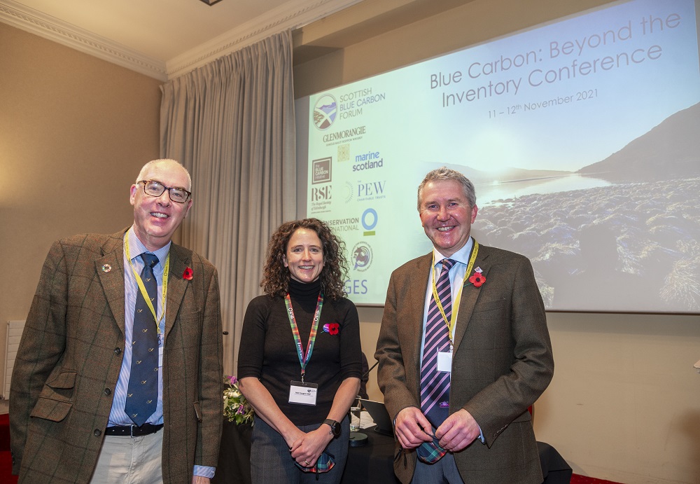 Professor Marcel Jaspars (VP-International, RSE), Mairi Gougeon (Cabinet Secretary for Rural Affairs and Islands) and Professor Bill Austin (Chair Scottish Blue Carbon Forum) at the Blue Carbon Conference at the Royal Society of Edinburgh.