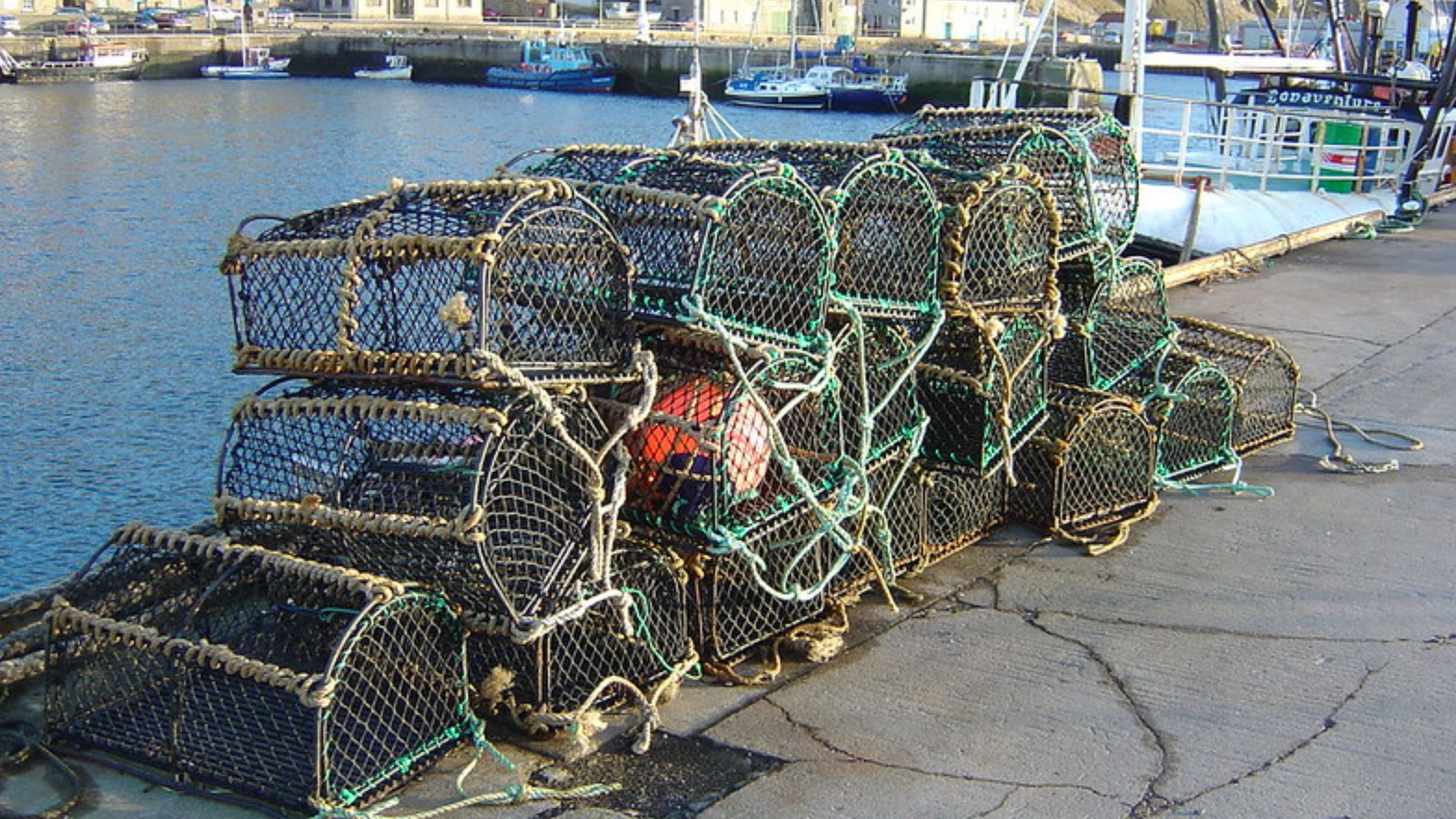 Stack of creels by the harbour, water in background