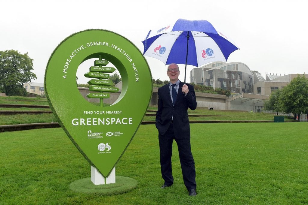 Mr Stewart outside the Scottish Parliament at the launch of the Scottish Greenspace Map.