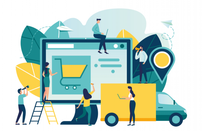 Illustration showing people buying and delivering goods