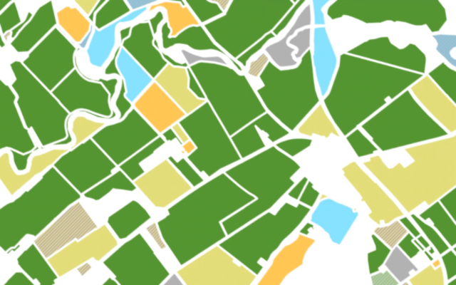 A mosaic picture of the fields produced by the data science crop map of an anonymous selected area colour coded by predicted crop type